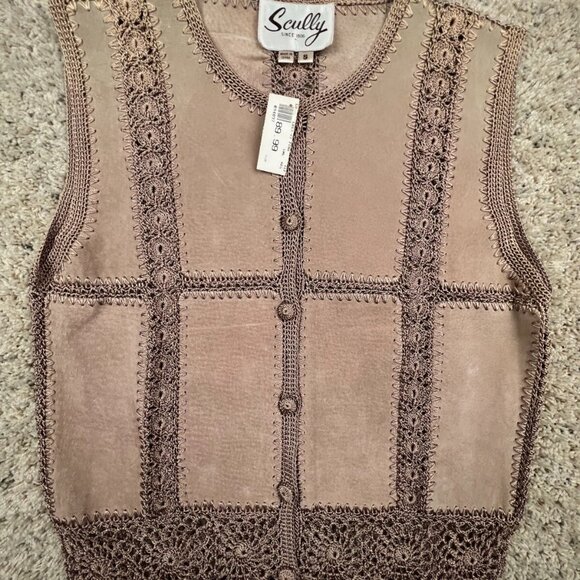 VTG DEADSTOCK SCULLY Leather Vest Button Up Intricate Knit Women’s Button Top - Picture 1 of 13